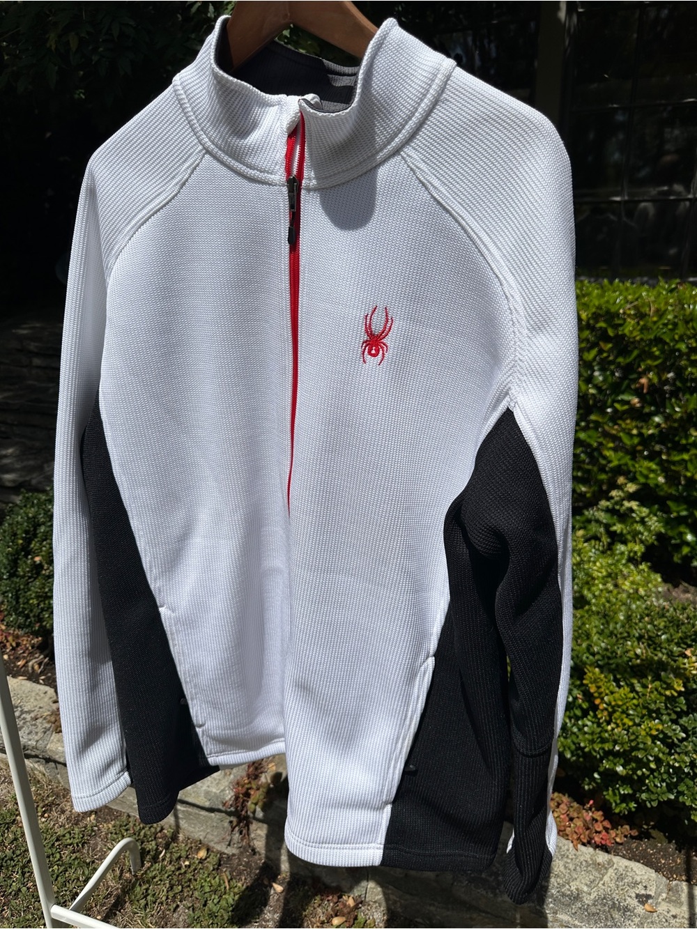 Spyder Men’s White and Black Zip-Front Sweater with Red Accents